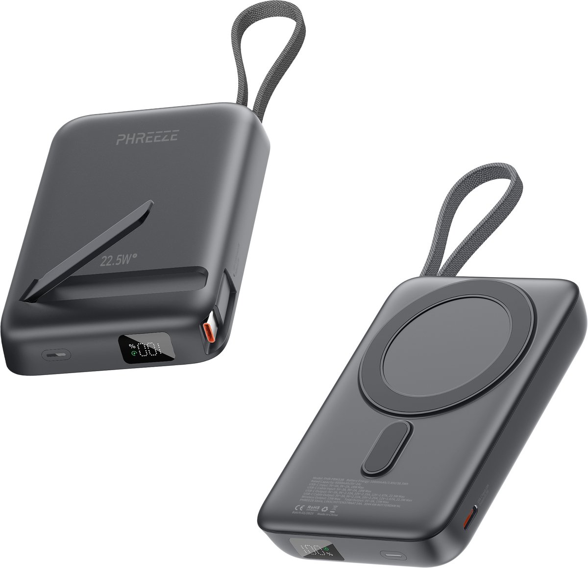 2x Phreeze PBMS3 Geschikt voor MagSafe Powerbank met Vaste USB-C Kabel - Snellader