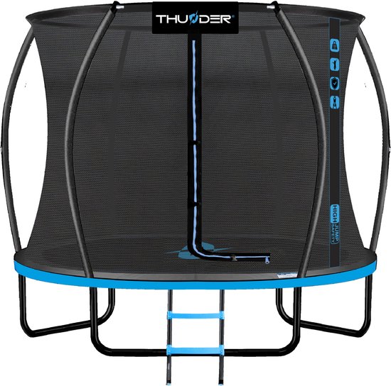 Trampoline THUNDER® | ULTRA 10FT BLUE | Ø305cm | Ronde Trampoline voor Kinderen en Volwassenen | Max. 150 kg | Complete Set | Stevig Frame - Met trapje |