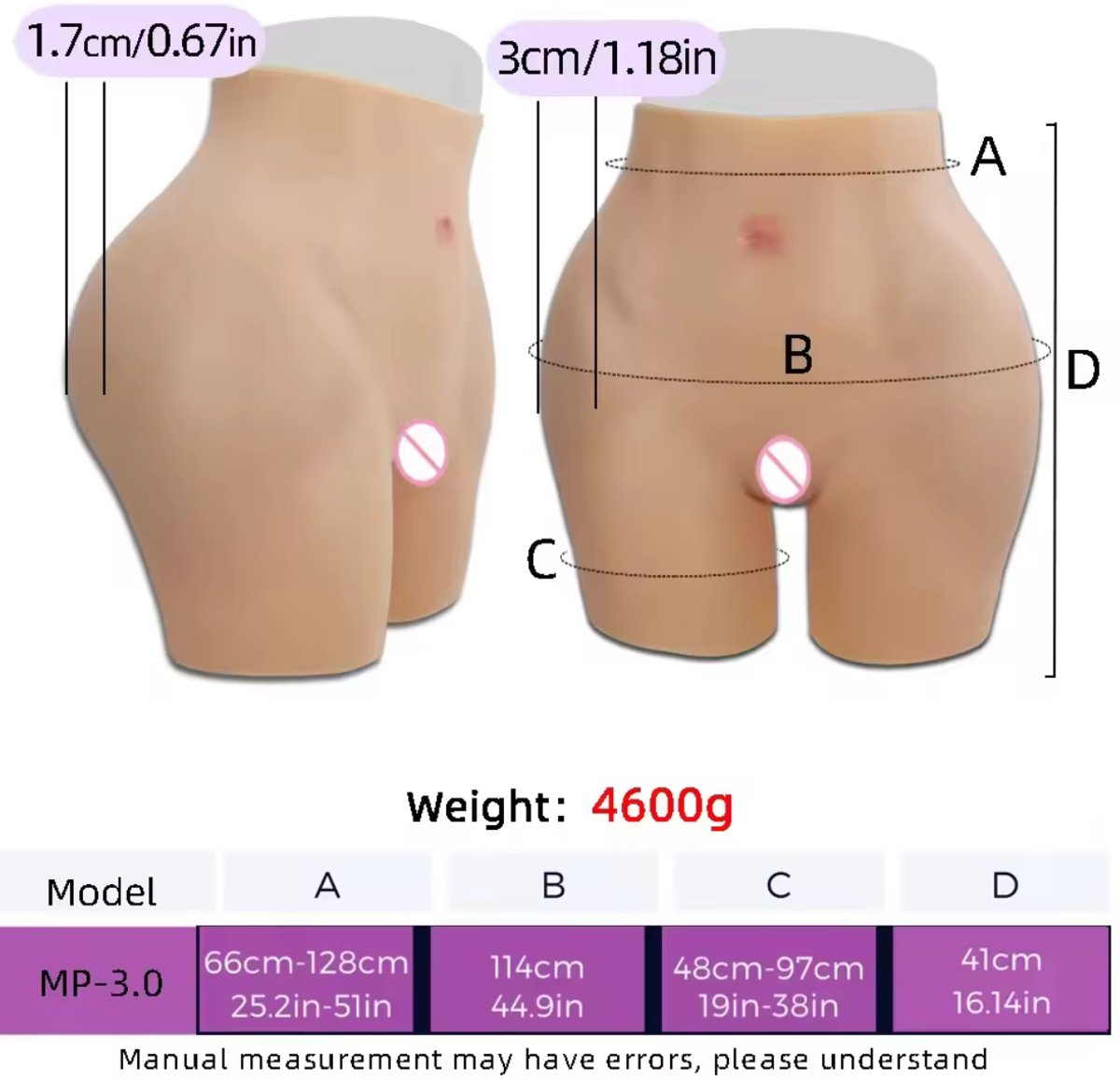 Siliconen vagina, siliconen billen- siliconen heupen- Vagina-broek-cosplay- travestie- crossdresser-bodysuit-big butt- 4600 gram