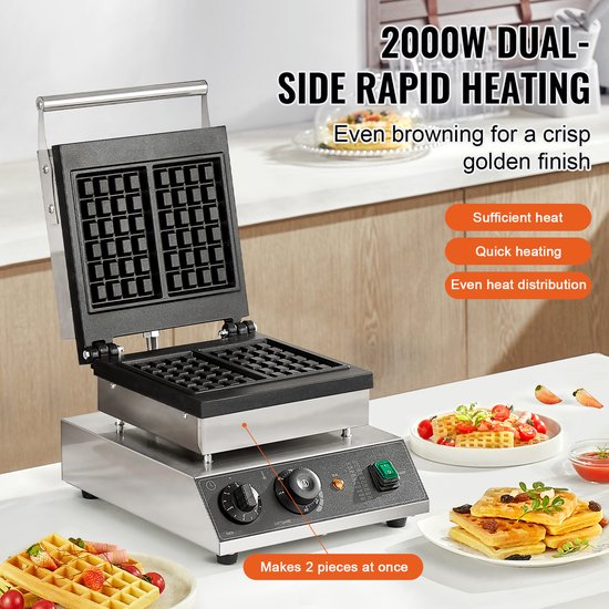 Commercieel Wafelijzer, 2-Delig, Rechthoekig, 2000 W, Roestvrij Staal met Antiaanbaklaag, Temperatuur- en Tijdregeling, Handvat, voor Restaurant, Bakkerij, Snackbar, Familie — afbeelding 5