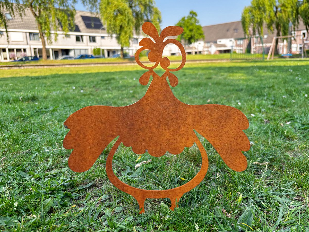 Schele Kip Tuindecoratie – Metaal Silhouet voor grond of gras – Cortenstaal – Cadeau voor Tuinliefhebber – Lokale Productie - Grondprikker - Steelhouet