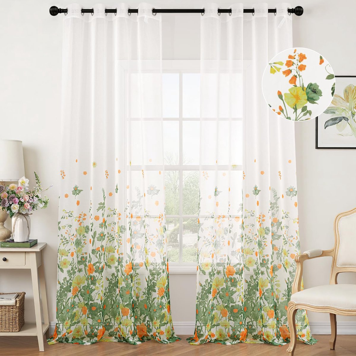 Ibenzoa Transparante Bloemenpatroon Gordijnen met Inslagringen voor Woonkamer en Slaapkamer, Set van 2, 140 x 260 cm groen