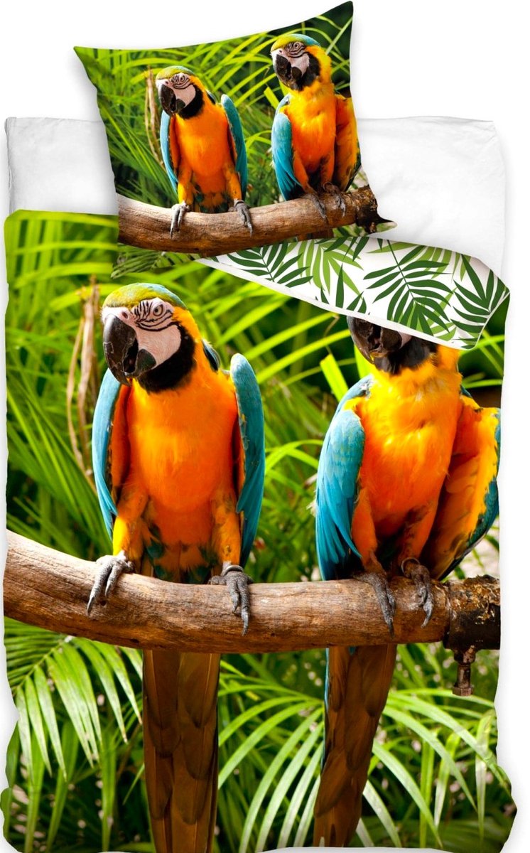 1-persoons dekbedovertrek (dekbed hoes) “papegaai” met tropische vogels ( papagaai / parkiet / agapornis) op tak tussen groene bladeren / planten / palmen (natuur) KATOEN eenpersoons 140 x 200 cm (dieren beddengoed slaapkamer / cadeau Sint & Kerst!)