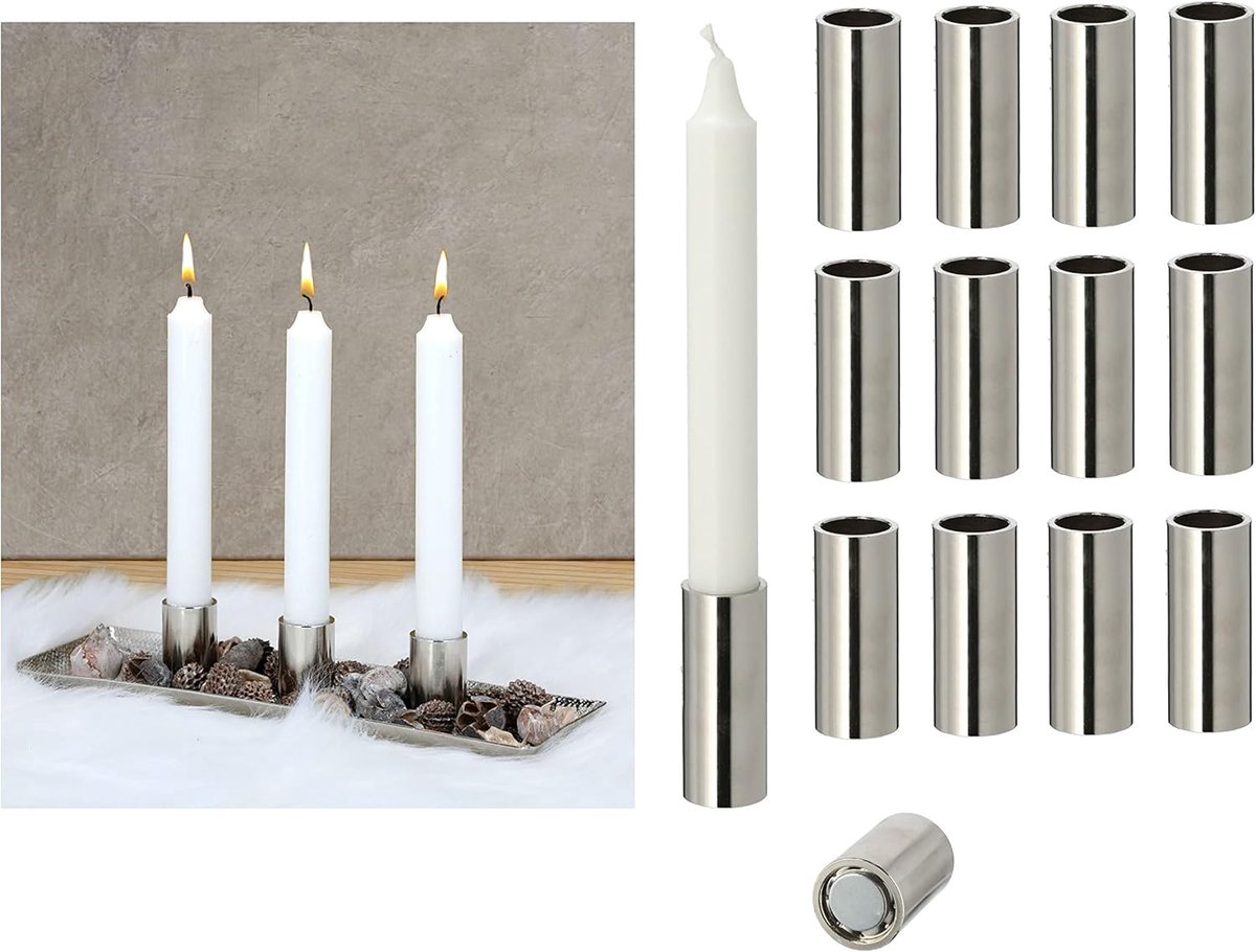 Novaliv 12x stokkaarshouder magnetische metalen kaarsenhouder ZILVER 2,5x5cm Kerstdecoratieve kom tafeldecoratie kaarsenbord decoratieve kom kaarsenspeld scandinavische chique kaarsenhouder tafelkaarsen Adventskrans