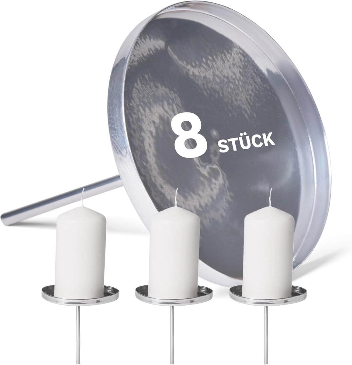 8x kaarsenmondstuk zonder doorn 9cm zilveren kaarsenplaat ter decoratie Adventskrans decoratiestokje Adventskaarsenhouder kaarsenhouder metalen ronde kaarsenstok Kerstdecoratie kaarsenhouder