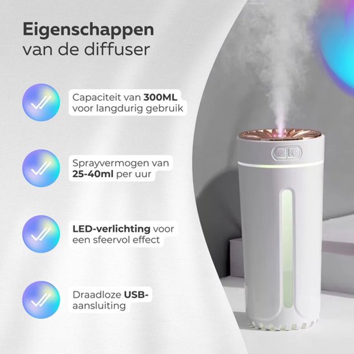 COCHO® Aroma Diffuser Draadloos 300ML - USB Humidifier - Luchtbevochtiger Met ultrasone - Roze met led-verlichting - Voor kantoor, thuis, in de auto — cadeau in Wonen & Interieur - foto 7