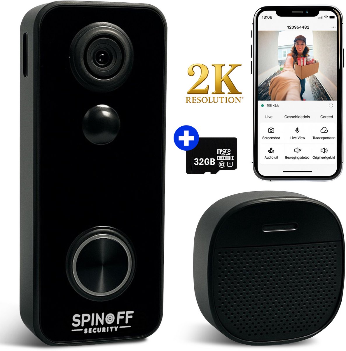 Afbeelding 3 van Spinoff Security® - Slimme Draadloze 2K Video Deurbel met Camera - Zonder Abonnement - Incl. 32GB SD Kaart - Draadloze Gong - 180º Lens