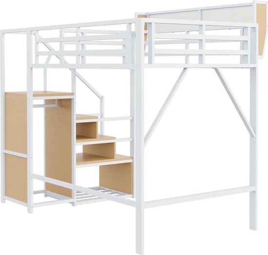 Hoogslaper 90x200cm In Massief Hout - Met 6 Laden En Veiligheidsbarrieres Naturel