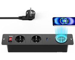 StayPowered Inbouw Tafelstopcontact – Compacte energiehub voor uw werkplek – 15W Draadloos Opladen – 2 Stopcontacten – USB-A & USB-C Poorten – USB-C PD20W – 2 m Kabellengte – Eenvoudige Inbouwinstallatie – Zwart – Levering Sneller dan Aangegeven!