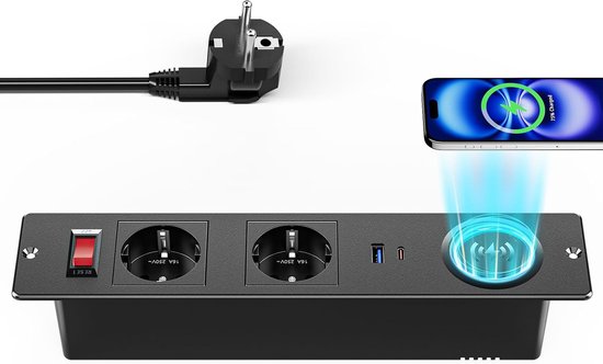 StayPowered Inbouw Tafelstopcontact – Compacte energiehub voor uw werkplek – 15W Draadloos Opladen – 2 Stopcontacten – USB-A & USB-C Poorten – USB-C PD20W – 2 m Kabellengte – Eenvoudige Inbouwinstallatie – Zwart – Levering Sneller dan Aangegeven!