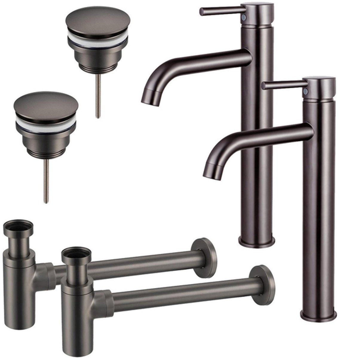 FugaFlow Eccelente Sobrado Badkamer Wastafelkraanset - voor dubbele wastafel - verhoogde wastafelkraan - klikwaste plug - design sifon - PVD Gepolijst Gunmetal