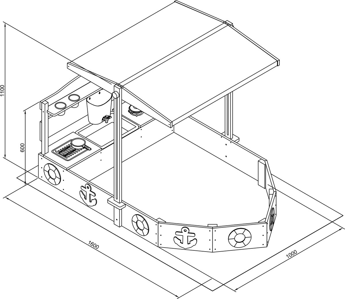 AXI Dora Boot zandbak met speelkeuken en dak (UV50) 160 x 100 cm Antraciet/bruin – Met krijtbord en opbergruimte - Inclusief gronddoek - 10 jaar garantie! — afbeelding 5