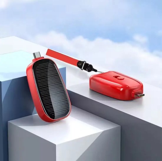 Solar Nood Powerbank Sleutelhanger – 1200mAh Draagbare Noodlader met Zonnepaneel – Compact en Oplaadbaar via Zonlicht – Ideaal voor Reizen & Outdoor - Android aansluiting - kleur rood
