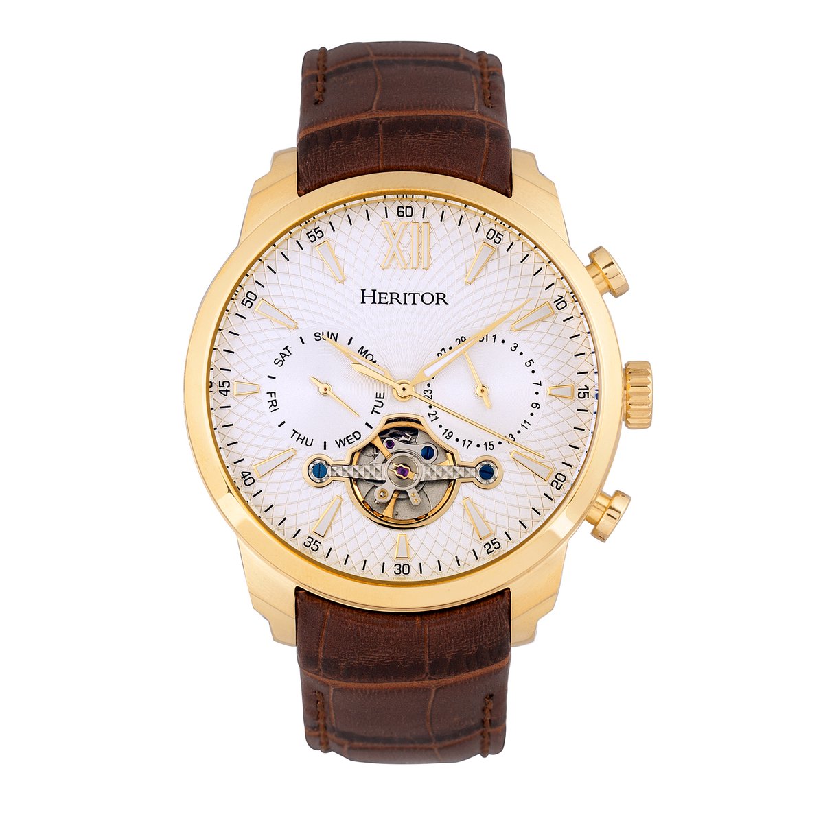 Heritor Automatic Arthur Semi-Skeleton leren band horloge met dag-datum - goud-zilver