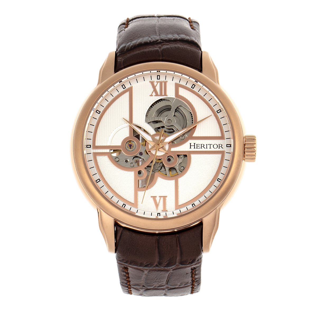 Heritor Automatic Sanford Semi-Skelet leren band horloge - Roségoud-bruin