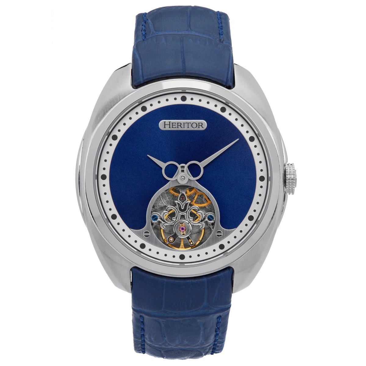 Heritor Automatisch Romeins Semi-Skelet Horloge met Leren Band - Zilver-Marineblauw