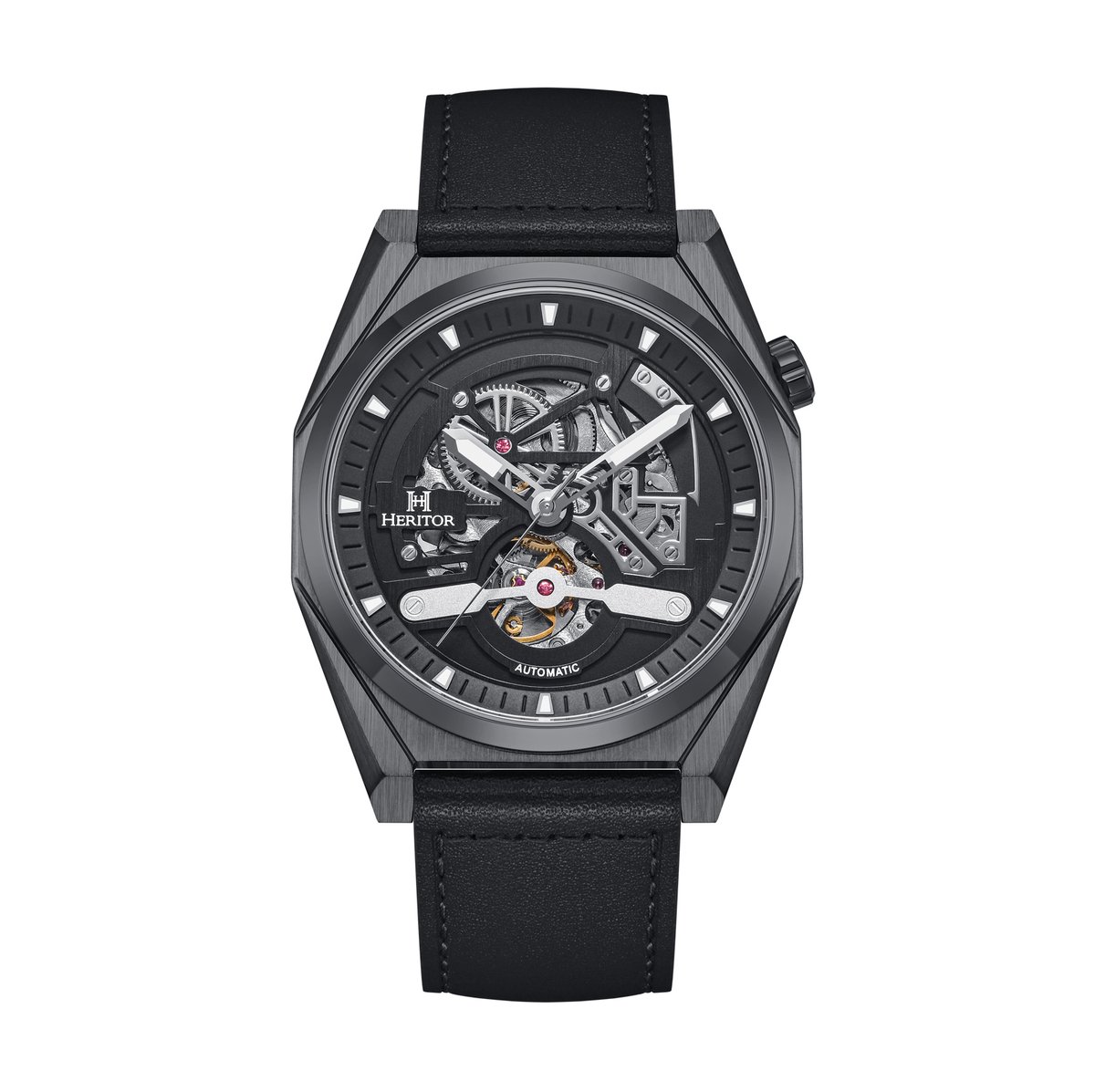 Heritor Automatic Amadeus Semi-Skelet leren band horloge - Zwart-Zwart
