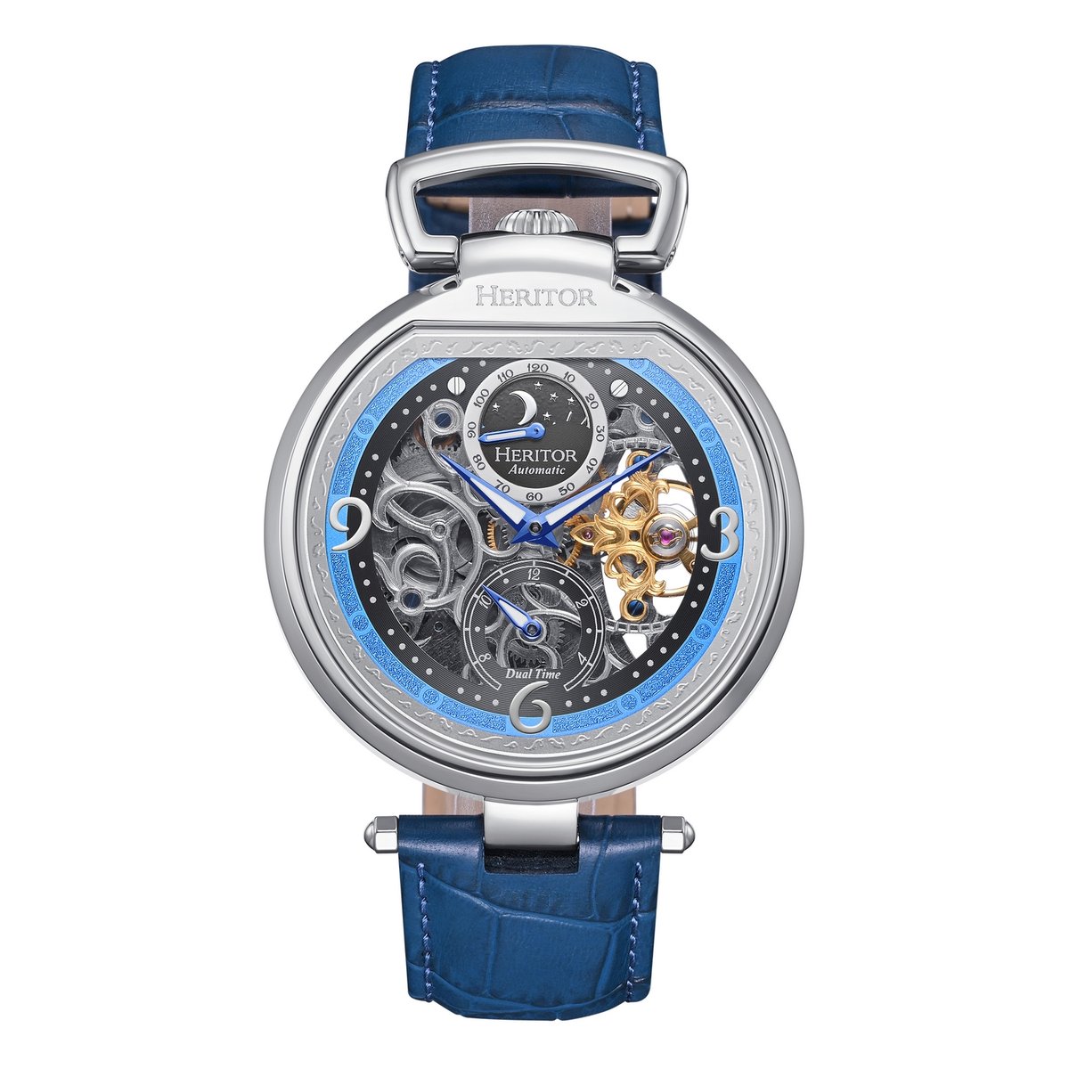 Heritor Automatic Lincoln Skeleton Horloge met Leren Band en Maanfase - Blauw