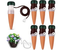 Omslag van 6 stuks Zelfbewateringssysteem - Waterdruppelaar voor Planten - Automatische Druppelirrigatie - Voor Kamerplanten & Balkon - Sifonprincipe - Keramische Druppelaar - Incl. 6 Irrigatiestekers