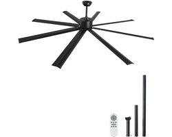 Plafondventilator - Zonder Verlichting - Spanwijdte 213 cm - 8 Aluminium Bladen - Omkeerbare DC-motor - 6 Snelheden met Afstandsbediening - Binnen/Buiten - Zwart