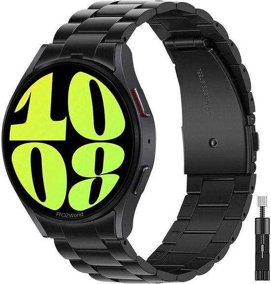 Foto: Ffo2world stalen schakel bandje geschikt voor samsung galaxy watch 7 40mm 44mm fe 6 6 pro 5 5 pro 4 4 classic luxe rvs horlogeband met snelkoppeling en naadloze pasvorm metalen bandje voor samsung galaxy watch 4 5 6 7 alle varianten zwart