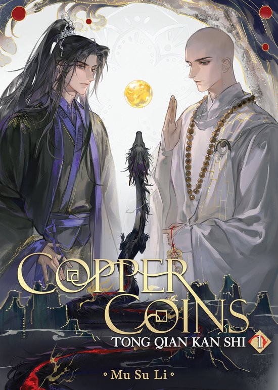 Cover van Copper Coins: Tong Qian Kan Shi deel 1, met twee mannen, één met lang zwart haar en de ander kaalgeschoren. Een draakachtige figuur en de titel zijn prominent aanwezig.