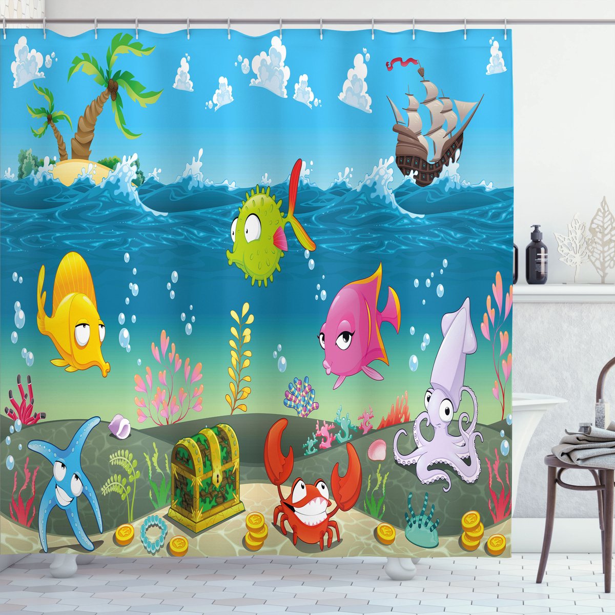 New Bed, Dier Zeedieren Onderwater Douchegordijn Badkamer Decor Set met Haakjes, 175 cm B 180 cm L