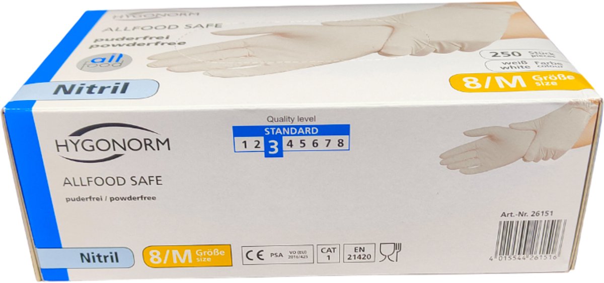 Hygonorm Nitril Handschoenen Maat M – Wit – 250 Stuks – Poedervrij – Allfood Safe – Wegwerphandschoenen voor Voedselverwerking en Hygiëne