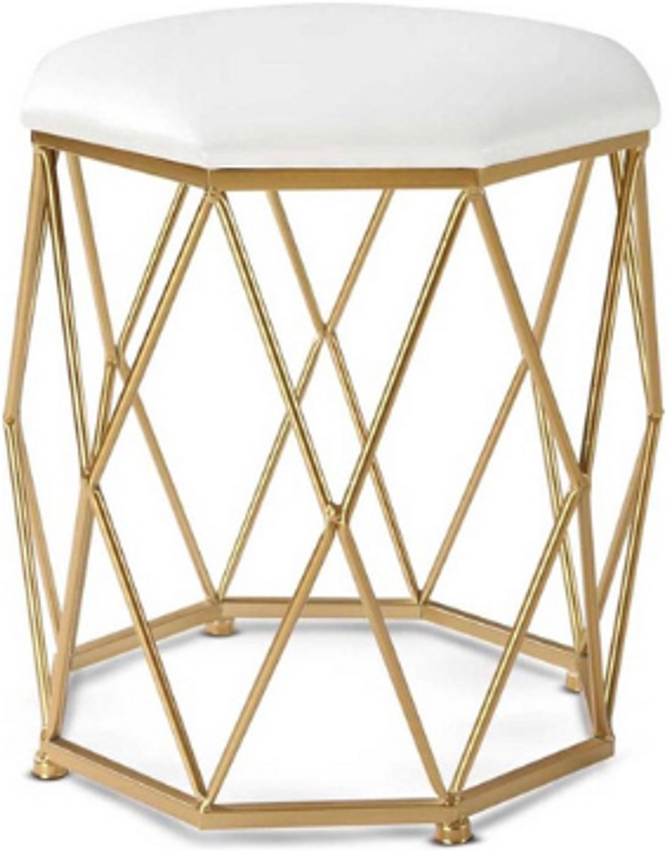 Luxaliving Poef met Goud Metalen Frame – Beige Gestoffeerde Zitting – Ronde Poef – Ø 34 × 44 cm