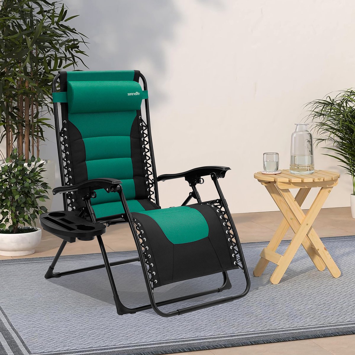 SereneLife Ligstoel – Verstelbare Tuinstoel met Kussen – Opvouwbare Relaxstoel - Stalen Frame met Textilene - Groen thumbnail 5