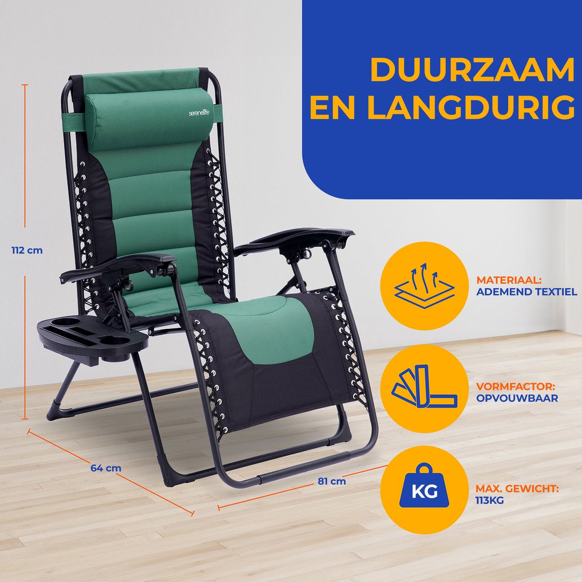 SereneLife Ligstoel – Verstelbare Tuinstoel met Kussen – Opvouwbare Relaxstoel - Stalen Frame met Textilene - Groen thumbnail 6
