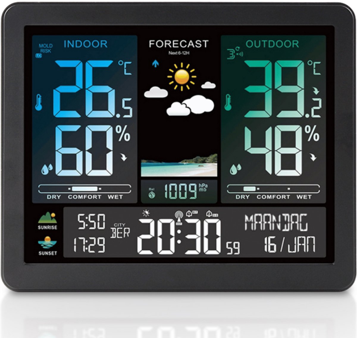 Vendico Weerstation - Draadloos - Binnen en Buiten - met Buitensensor - Kleurendisplay