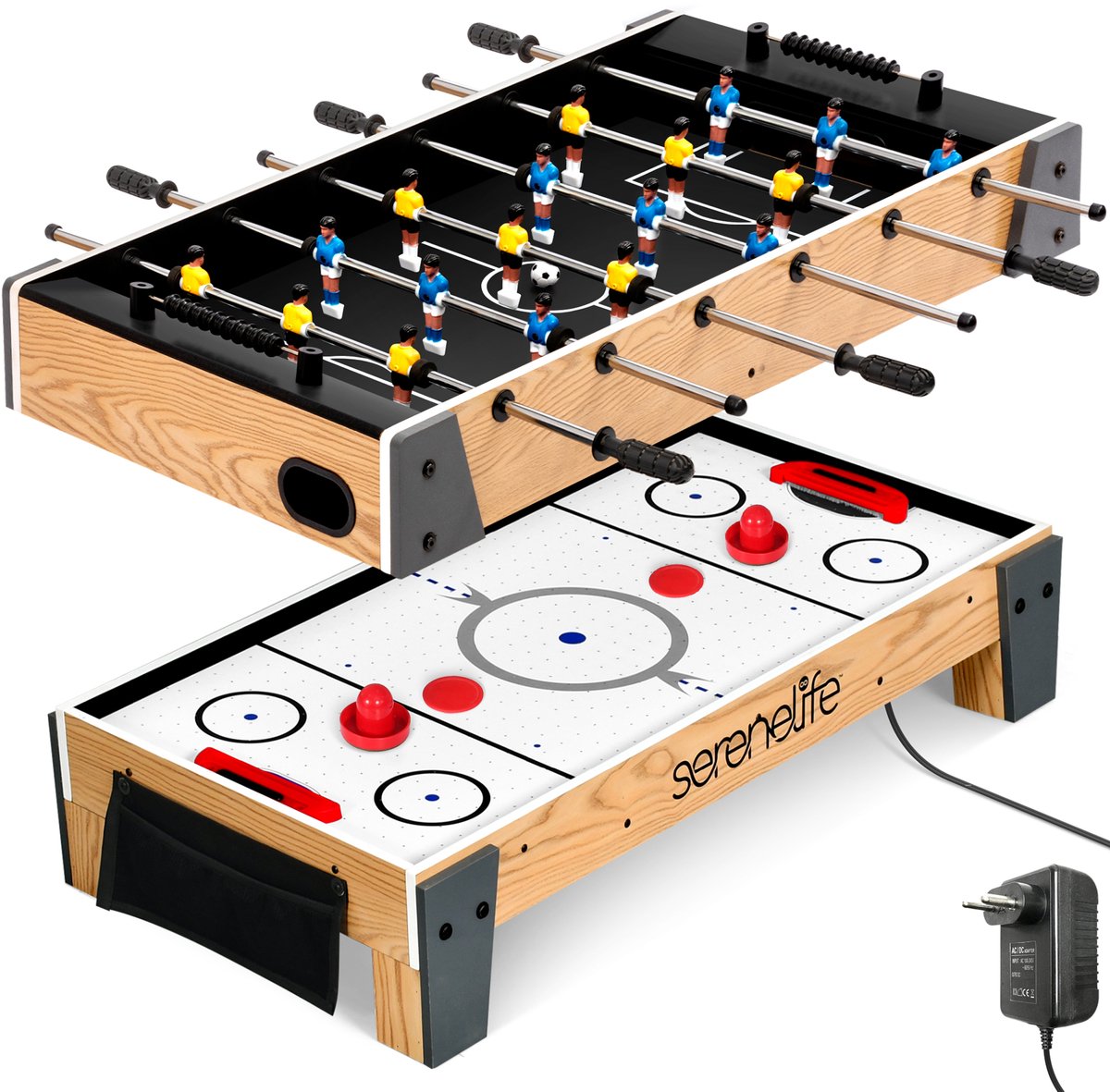SereneLife Multispeltafel – Airhockey en Tafelvoetbal – Speltafel met Voetballen, Handgrepen en Pucks – Ideaal voor Speelkamers, Arcades