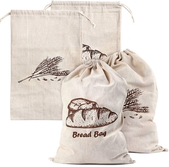Unyqoos® Herbruikbare Leinen Brood- en Groentenzakken Met Kordel, Set Van Vier, 44 x 29 cm Ideaal Voor Versheid