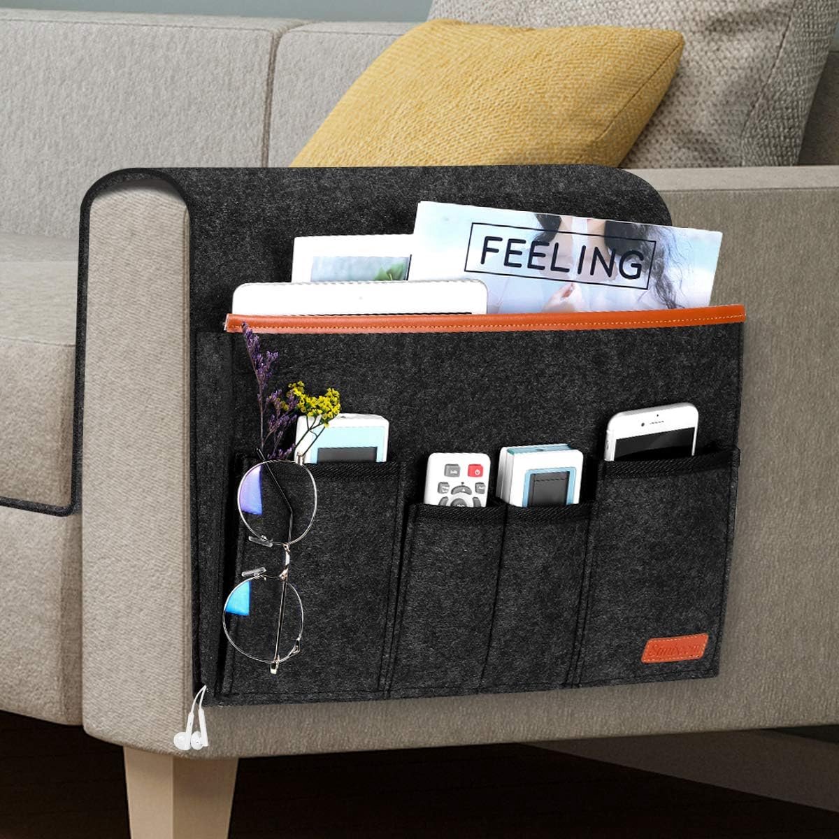 Sofa Armsteun Organizer met 6 Vakken - Anti-slip Opbergtas voor Afstandsbedieningen, Telefoon en Tijdschriften - Donkergrijs
