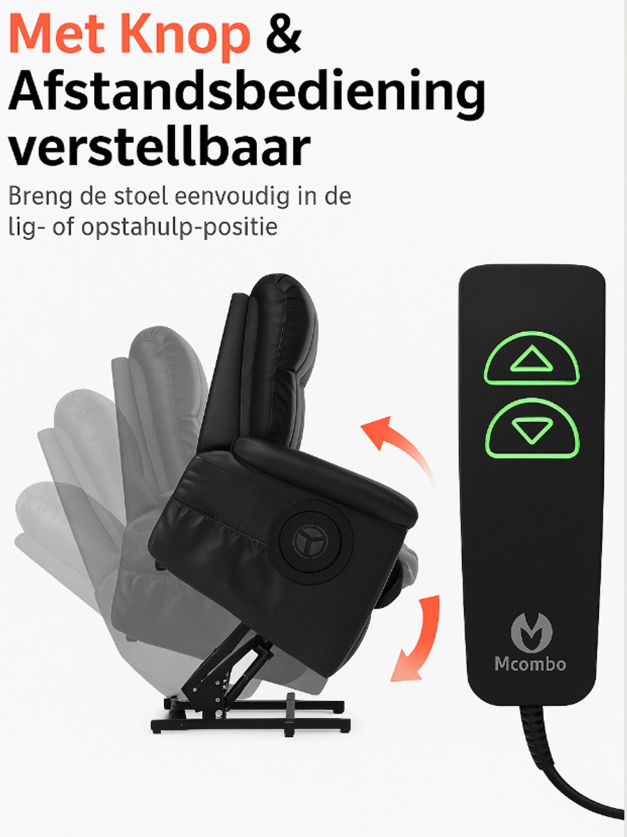 MCombo 7040 Elektrische Relaxstoel met Opstahulp – Massage, Verwarming & USB – Zwart Kunstleer – foto 5