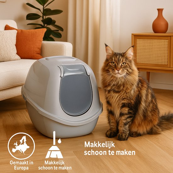 Flamingo Kattentoilet Trini – XL – Grijs – 46 x 67 x 49 cm – Met Koolfilter – Duurzaam & Ruim – Gemaakt van Gerecycleerd Kunststof