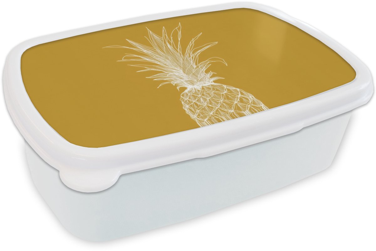 Broodtrommel Wit - Lunchbox Lijnillustratie - Ananas - Bladkroon - Okergeel - Brooddoos 18x12x6 cm - Brood lunch box - Broodtrommels voor kinderen en volwassenen