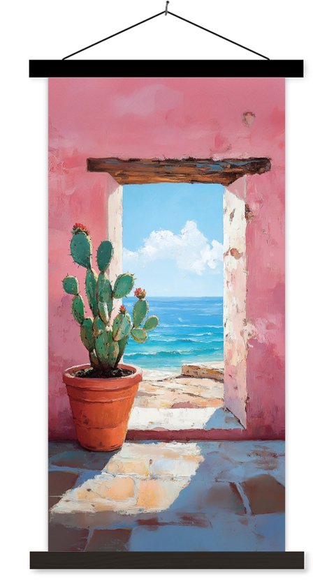 Posterhanger incl. Poster 40x80 cm - Schoolplaat - Zee - Roze - Cactus - Textielposter - Zwarte latten