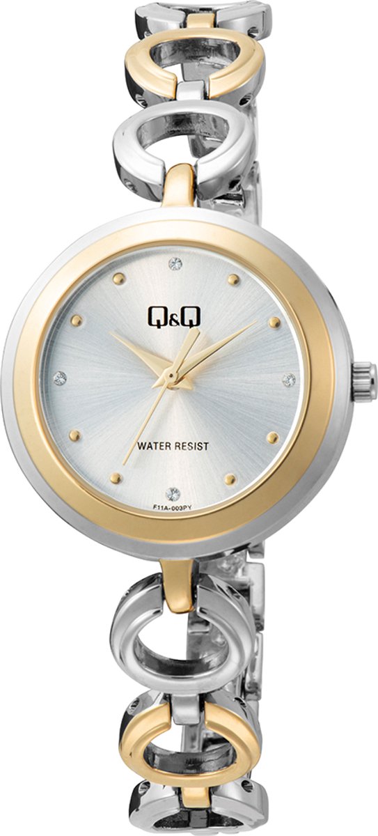 QQ F11A-003PY - Horloge - Polshorloge - Analoog - Dames - Vrouwen - Metalen band - Rond - Metaal - Stippen - Zilverkleurig - Goudkleurig