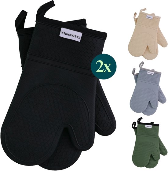 Gants de cuisine noirs et trois autres couleurs : beige, gris clair et vert.