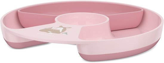 Roze kinderbord met drie vakken en een bekerhouder, versierd met een hertje.