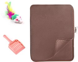 TEBJEN XXL Kattenbakmat - 55cm * 75cm - Met Speelgoedmuisje En Schepje - Schoonloopmat Kattenbak – Katten Grit Opvanger – Dubbele Waterdichte Laag – Uitloopmat Kattenbak – Kattenverzorging – Kattenbak Accessoires - Kat Benodigdheden - Donker Bruin