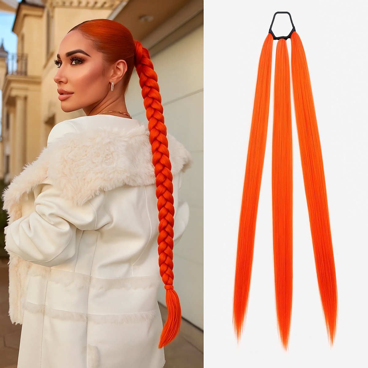Ponytail haar extensions - Paardenstaart Dollsbeauty- Vlecht haar verlenging - Braided Ponytail - Wrap around Paardenstaart - Oranje