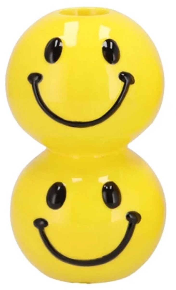 Smiley Kandelaar dubbel 7x7x12cm Geel/zwart