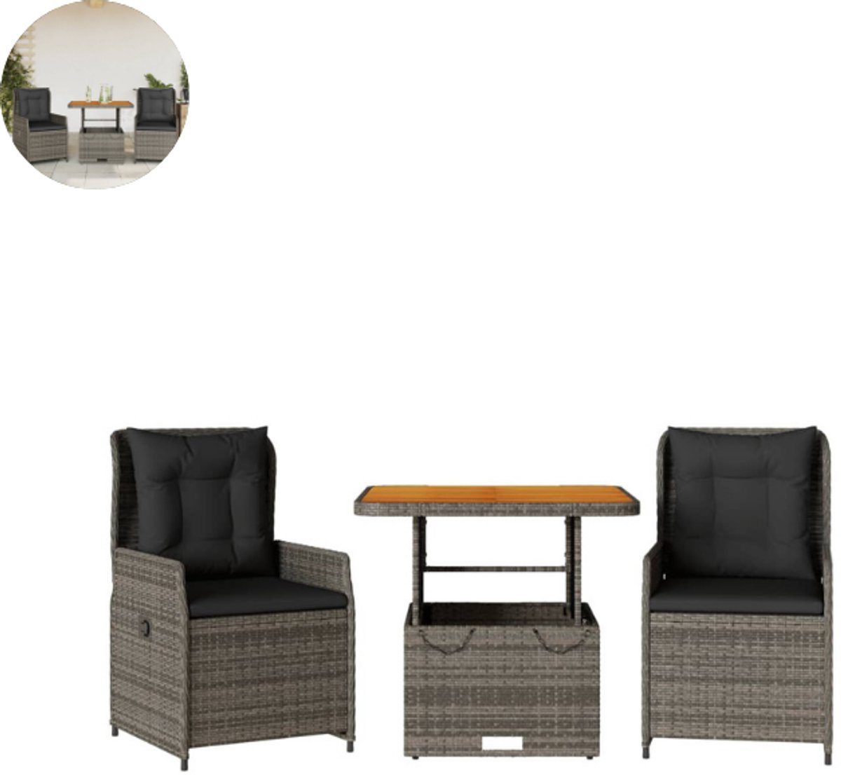 Balkonset 2 personen - Tuinset - Bistroset - Grijs - Weerbestendig - 3 delig - Tuintafel en 2 stoelen - 2 personen - Poly Rattan Balkonset 2 personen - Tuinset - Bistroset - Grijs - Weerbestendig - 3 delig - Tuintafel en 2 stoelen - 2 personen - Poly Rattan - Afbeelding 1