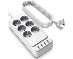StayPowered 6-voudige Stekkerdoos - Ultieme Comfort en Veiligheid - 4 USB-poorten - Overspanningsbeveiliging - Wandbevestiging - 2m Kabel - 2500W Vermogen - Vuurvast Materiaal - Antislip - Wit - Levering Sneller dan Aangegeven!