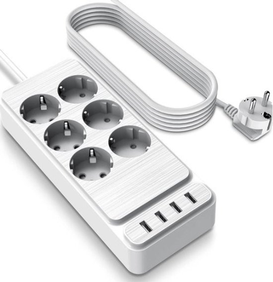 StayPowered 6-voudige Stekkerdoos - Ultieme Comfort en Veiligheid - 4 USB-poorten - Overspanningsbeveiliging - Wandbevestiging - 2m Kabel - 2500W Vermogen - Vuurvast Materiaal - Antislip - Wit - Levering Sneller dan Aangegeven!