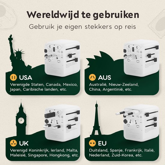 Reisstekker met 4 adapters voor USA, AUS, UK en EU. Met beelden van het Vrijheidsbeeld, Australische natuur, Big Ben en de Eiffeltoren.
