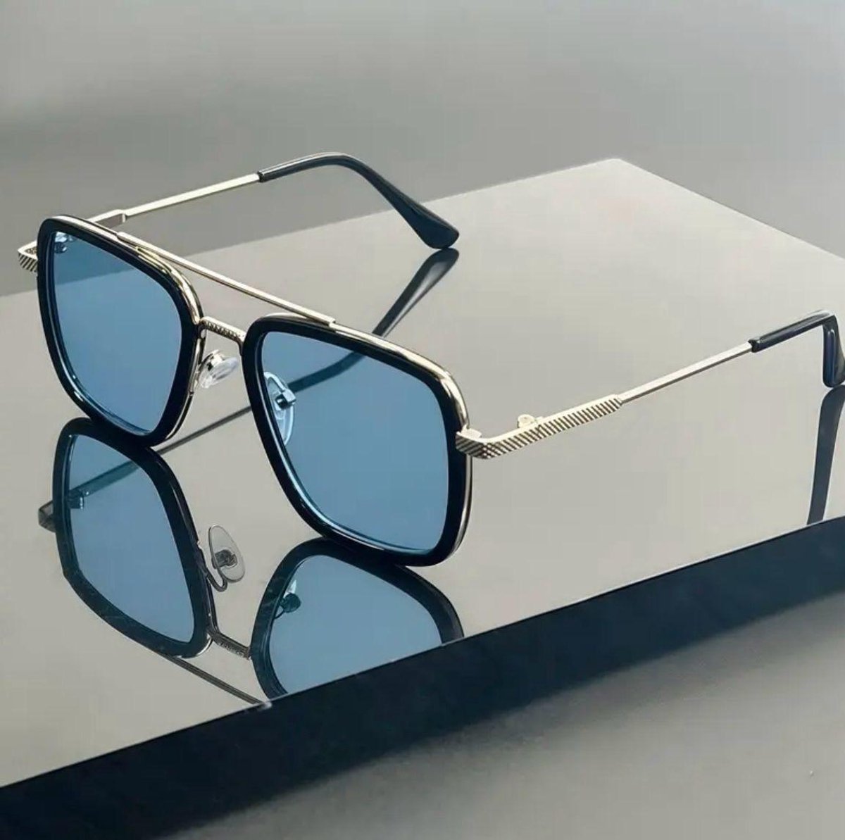 Mpariz - Heren Zonnebril – Metalen Montuur | Zilver Blauw + Brillenkoker